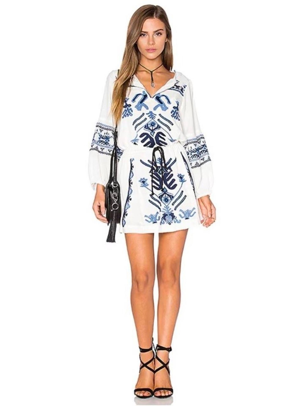 Free People Embroidered White & Navy Short Dress